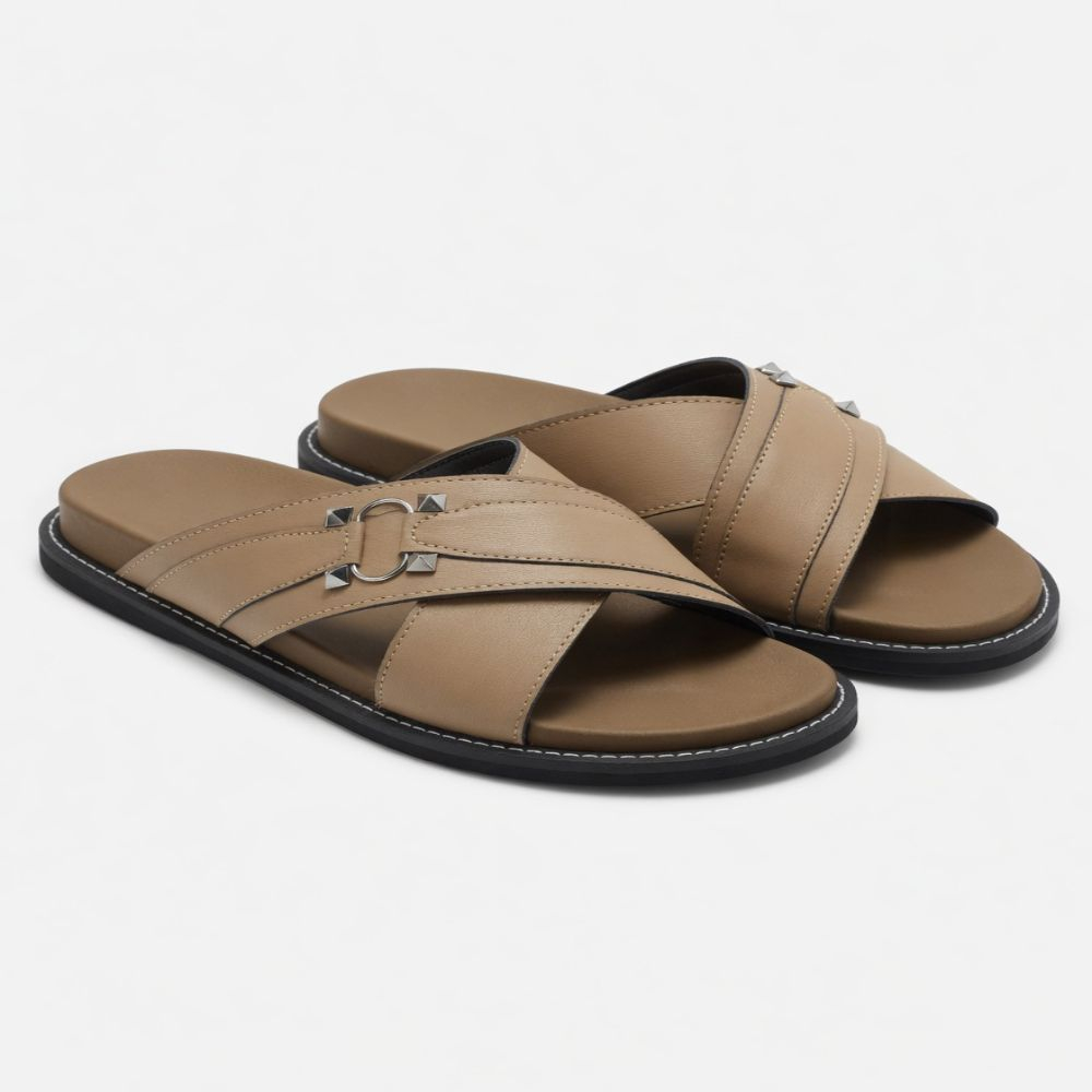 Classic Khaki Cross Strap Slide Sandals with Decorative Ring Accent